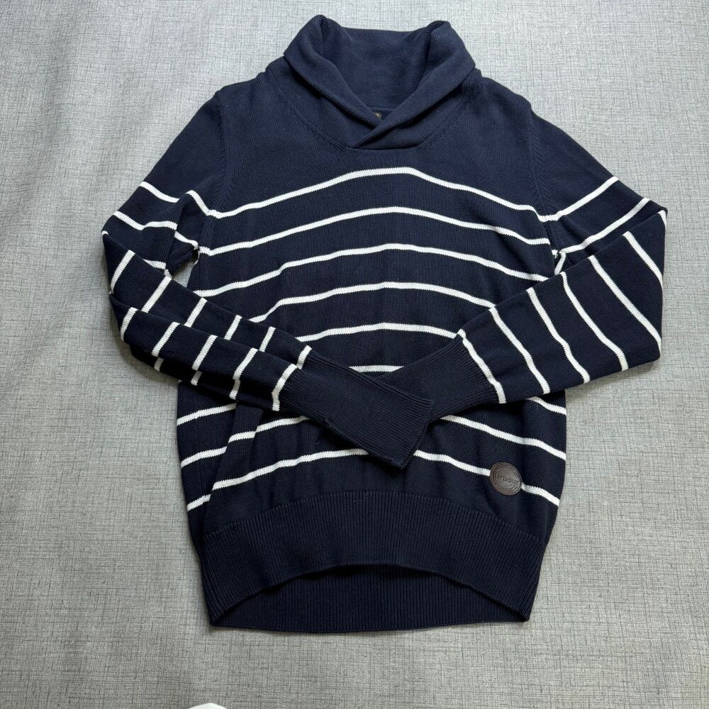 Barbour Beacon Brand Sweater Men's M Blue Striped 100% Cotton Shawl Neck